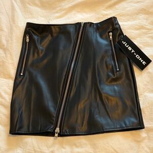 Just One Black Faux Leather Mini Skirt with Asymmetrical Zip